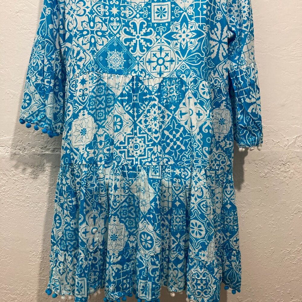 Siya Button up Dress Tiered Floral Beaded Pom Pom Hem Boho Cottagecore Blue L? - Picture 15 of 15